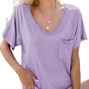 Womens Short Sleeve T Shirt Basic Tee Tops V Neck Loose Summer Shirts with Pocke